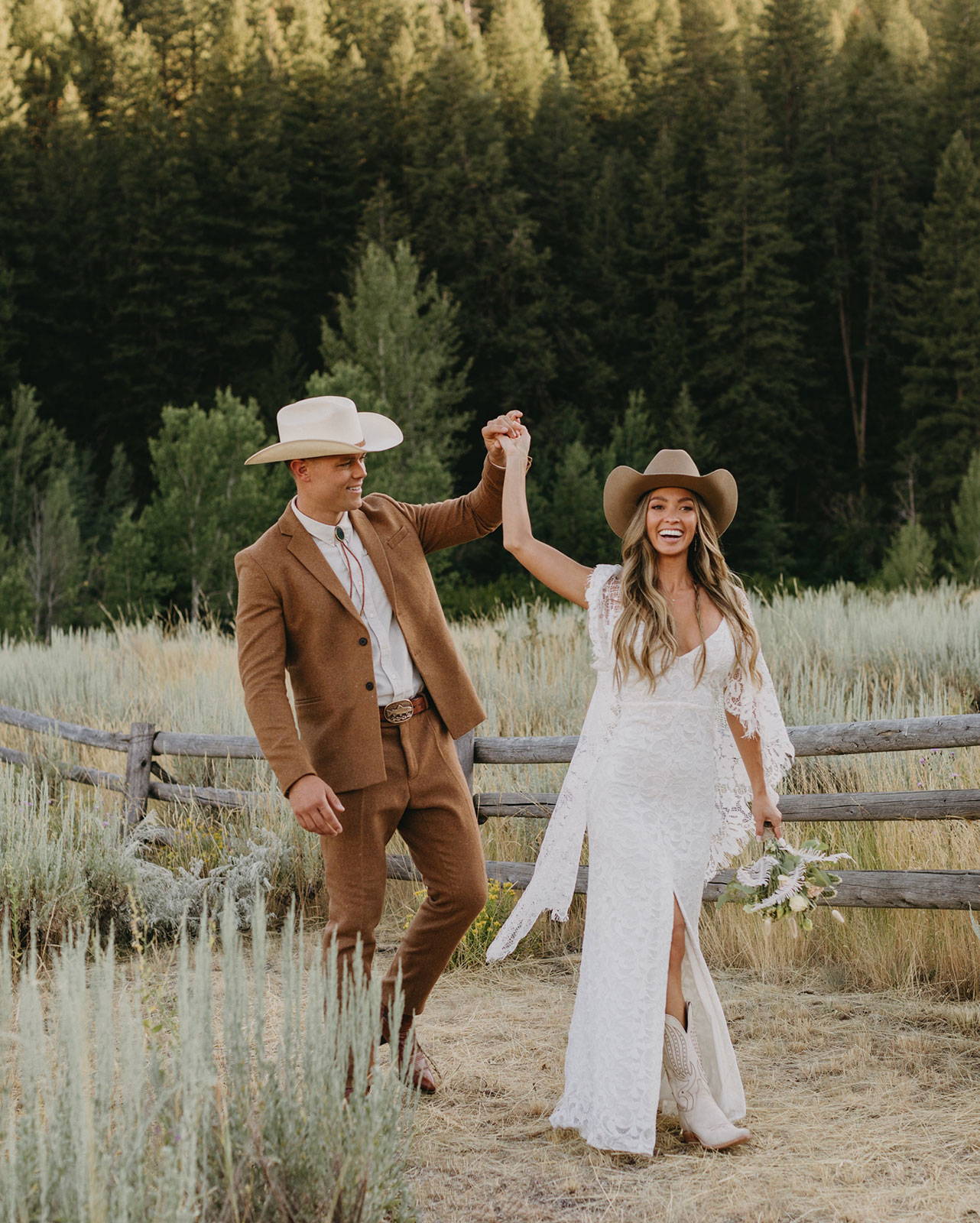 Groom and Bride holding hands and twirling