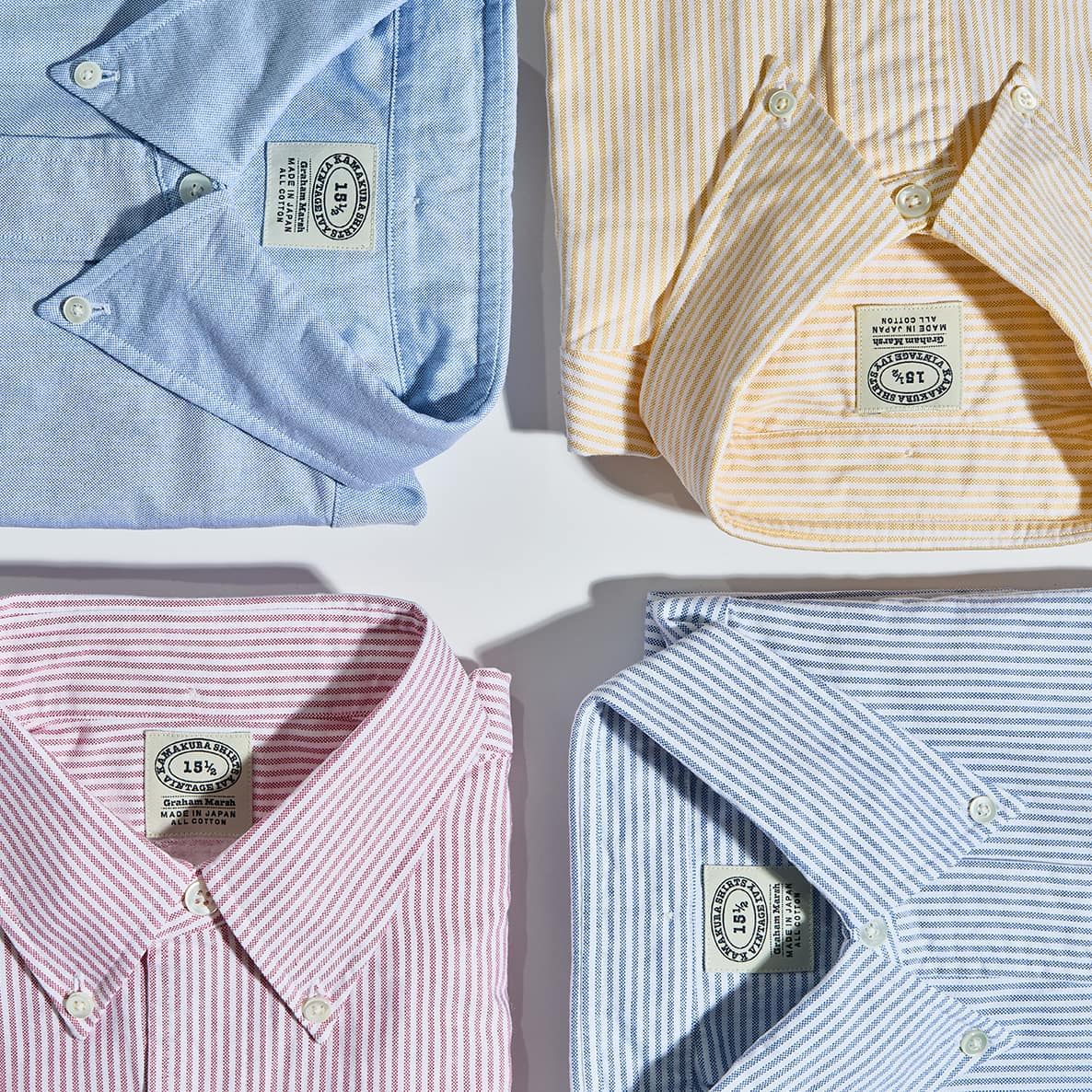 Four collared shirts in various colors and striped patterns.