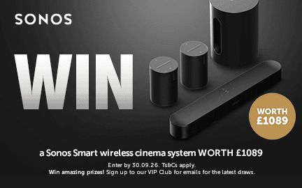 Sonos advertisement promoting a wireless cinema system giveaway worth £1089.