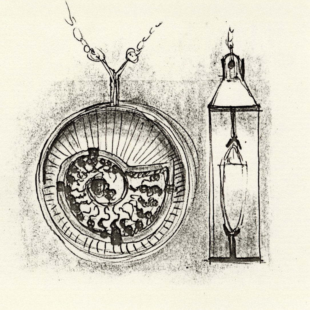 Illustration of a pendant and a lantern, both intricately designed.