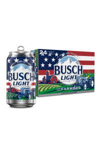 Can of Busch Light beer next to its packaging featuring a patriotic design.