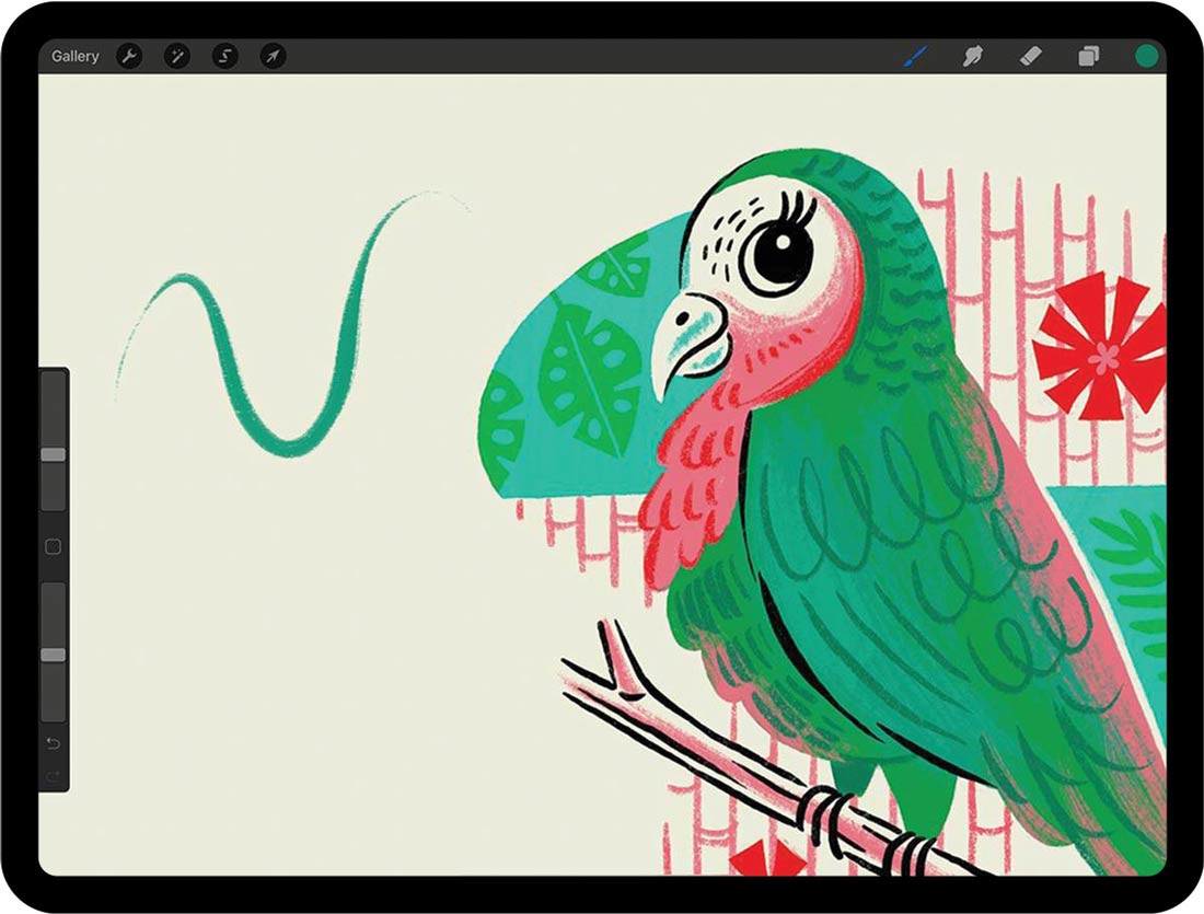 Illustration of colorful bird in Procreate app with brush stroke showing tapered endings on iPad