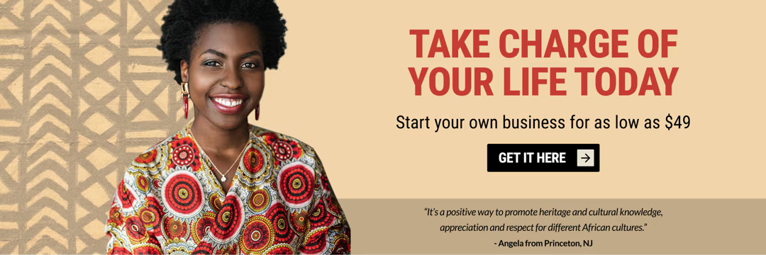 Woman smiling, promoting business opportunity with text about taking charge of life.