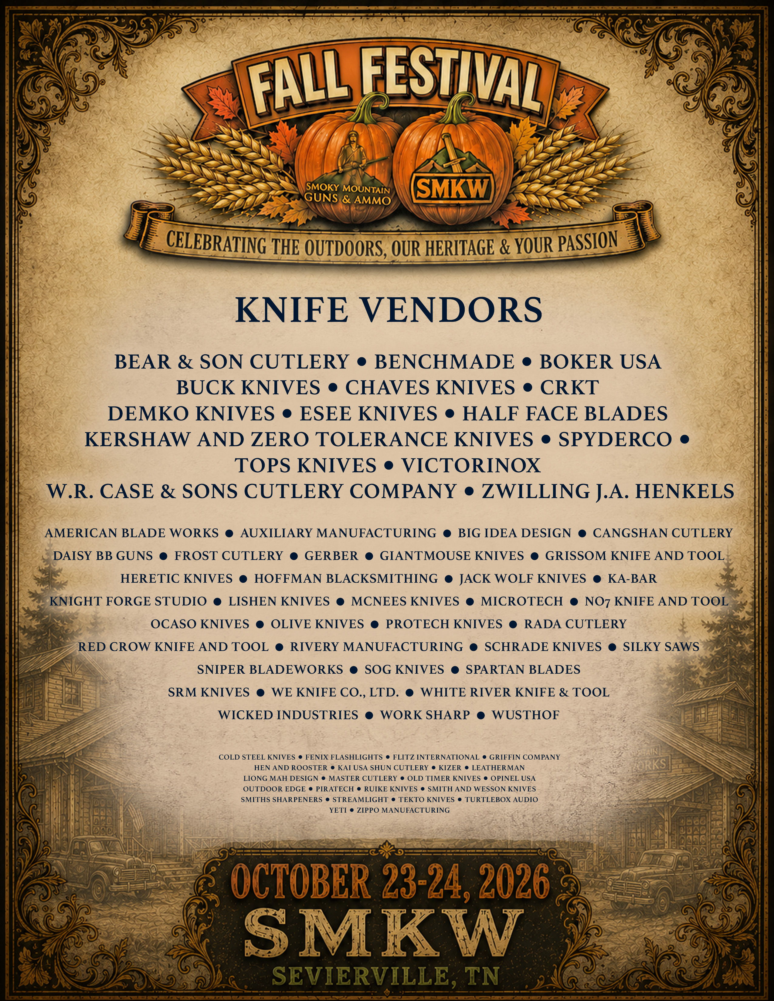 Fall Festival poster listing knife vendors and event details.