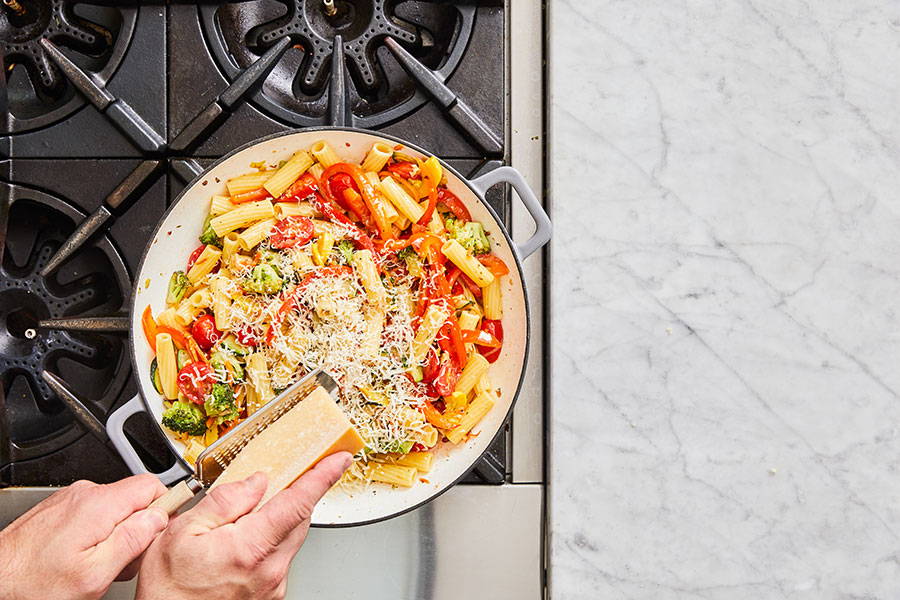 Parmesan cheese grated over top of the pan.