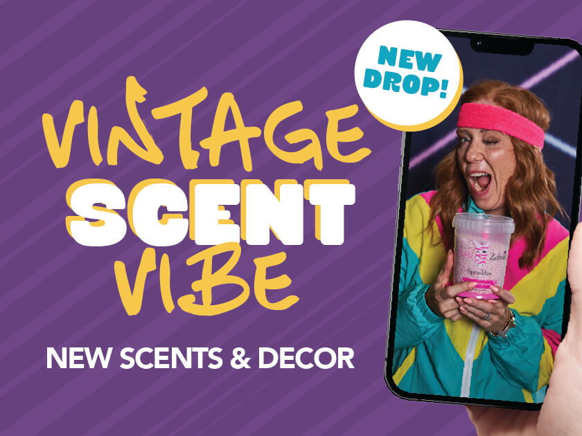 Colorful promotional image for vintage scents and decor featuring a joyful person.