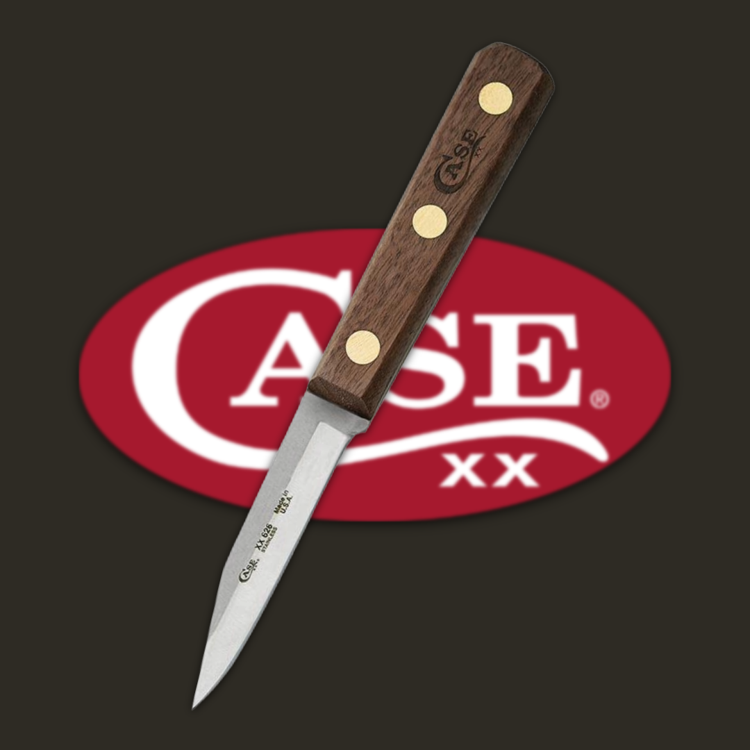 Knife with a wooden handle and CASE logo background.