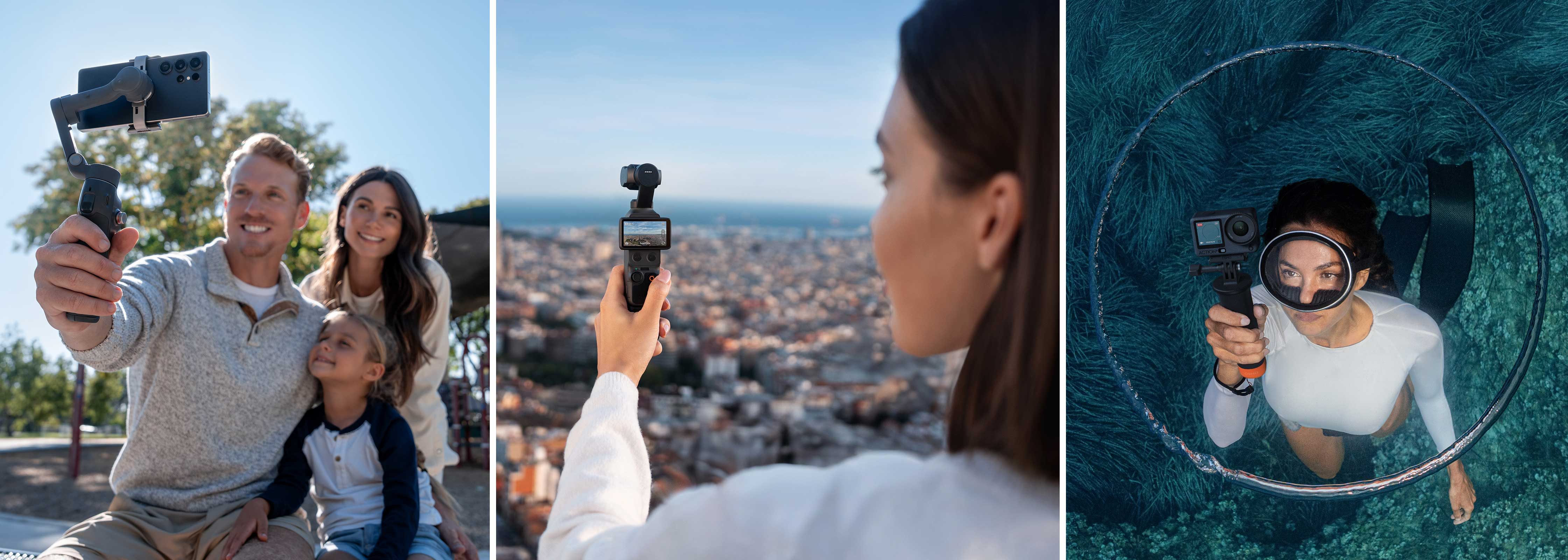 Three photos with DJI Osmo camera gear: family selfie, city view, underwater shot.