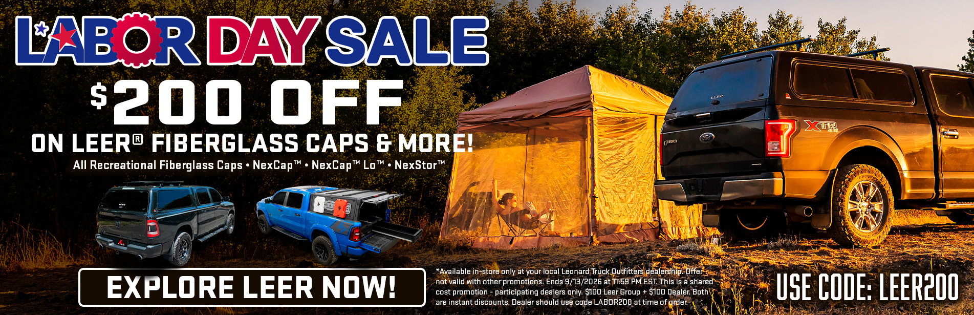 Labor Day sale banner offering $200 off fiberglass caps and more.