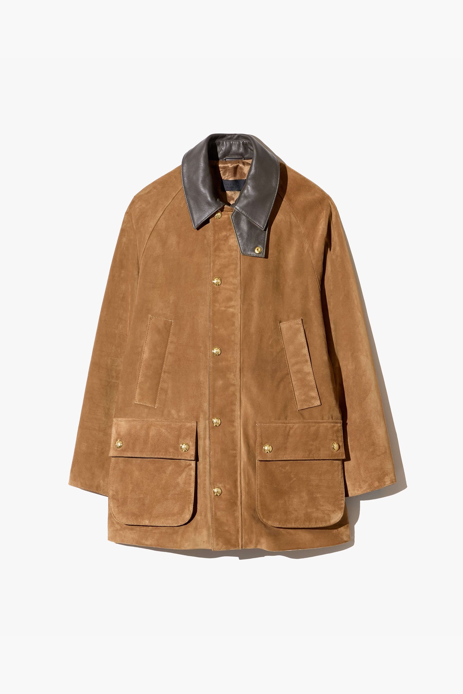 Brown suede jacket with a black leather collar and front pockets.