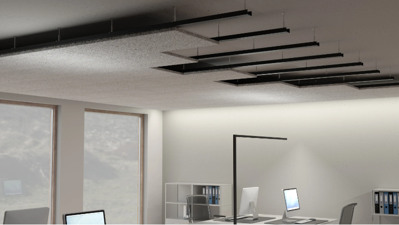 office soundproofing with divider and acoustic clouds