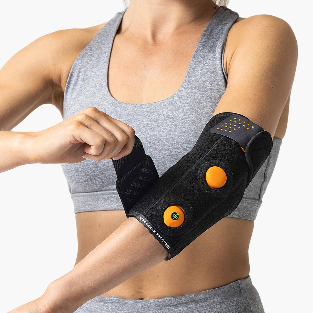 Myovolt vibration massage elbow brace for sports overuse strain and tendinitis.