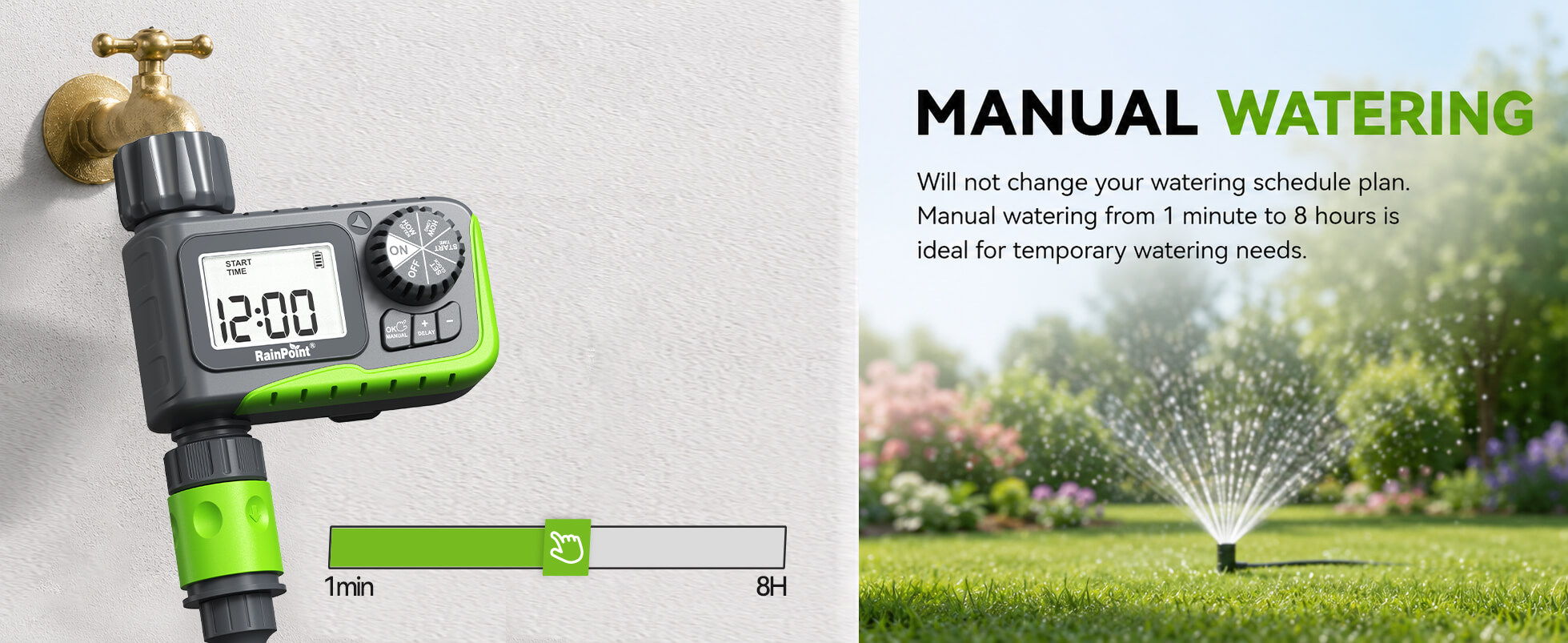 Watering timer with display, faucet attachment, and garden sprinkler in use.