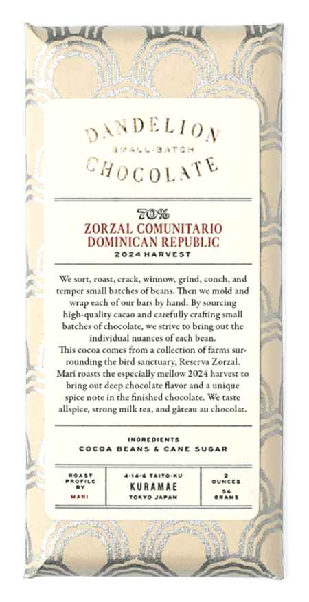 Dandelion Chocolate bar packaging from Zorzal Comunitario, Dominican Republic, 2024 harvest.