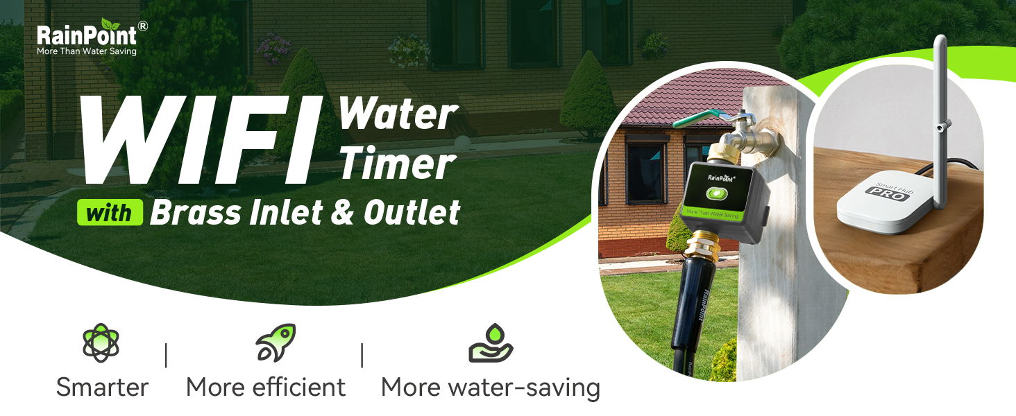 WiFi water timer with brass inlet and outlet features. Smarter, more efficient, water-saving.