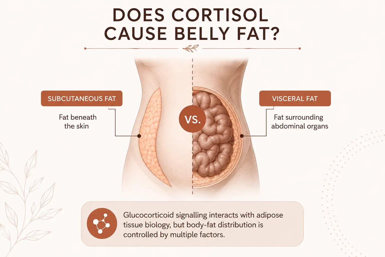 Illustration explaining the difference between subcutaneous and visceral abdominal fat in relation to cortisol biology.