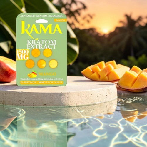 Kama Kratom extract packaging near mango slices by a pool at sunset.