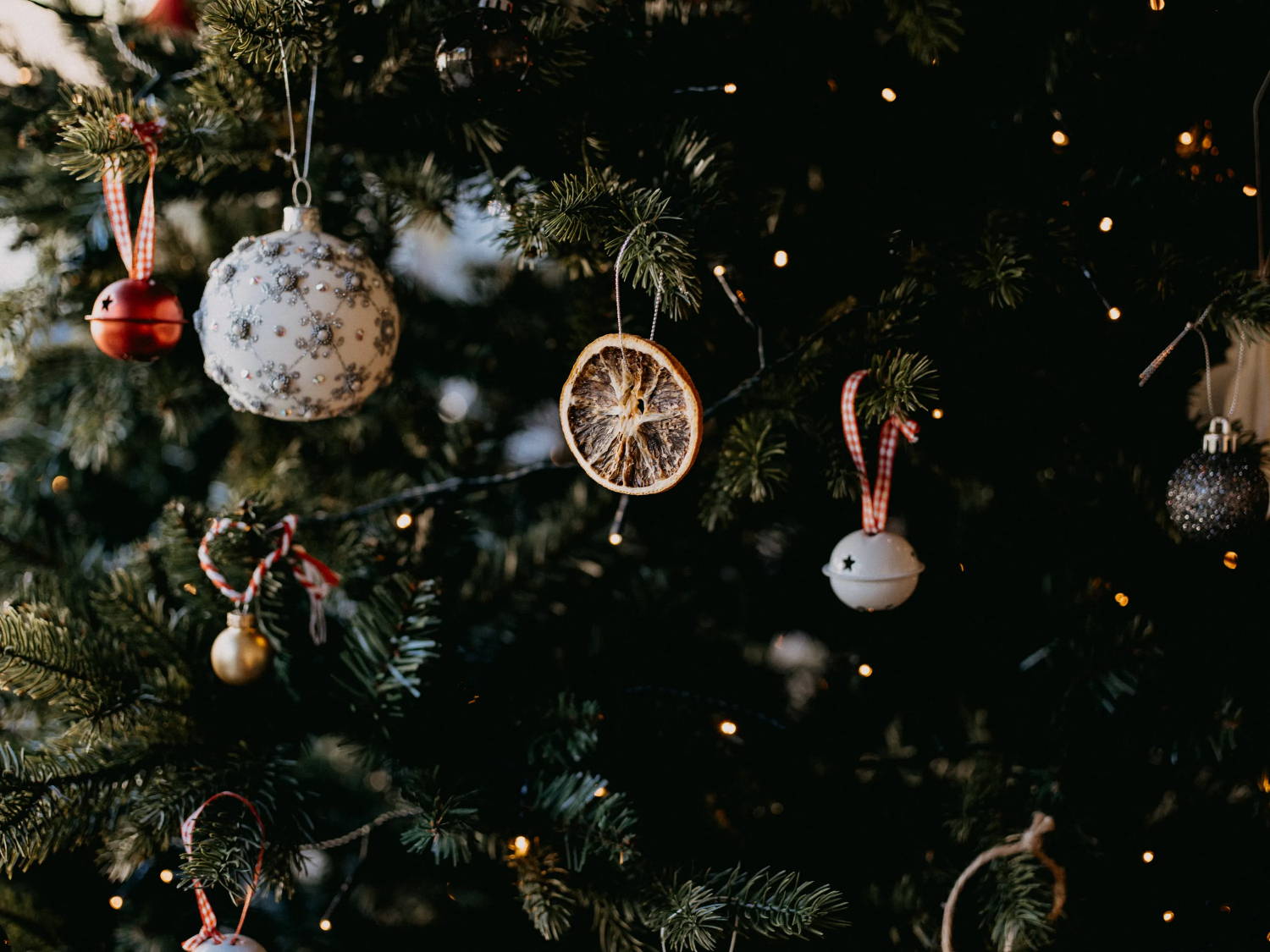 Closeup of ornaments on a Christmas tree