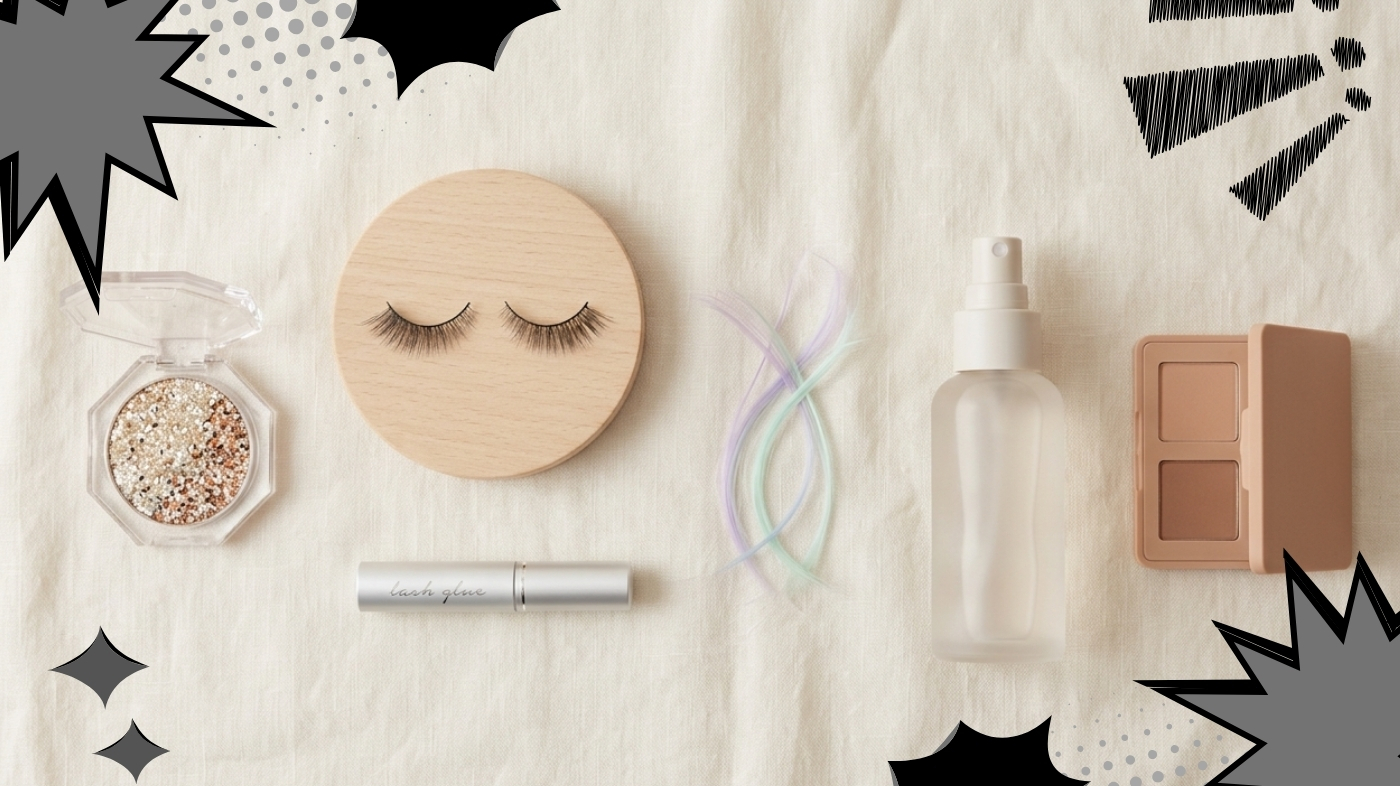 Flat lay of cosplay makeup items including glitter false lashes lash glue wig fibers and setting spray on a cream linen surface
