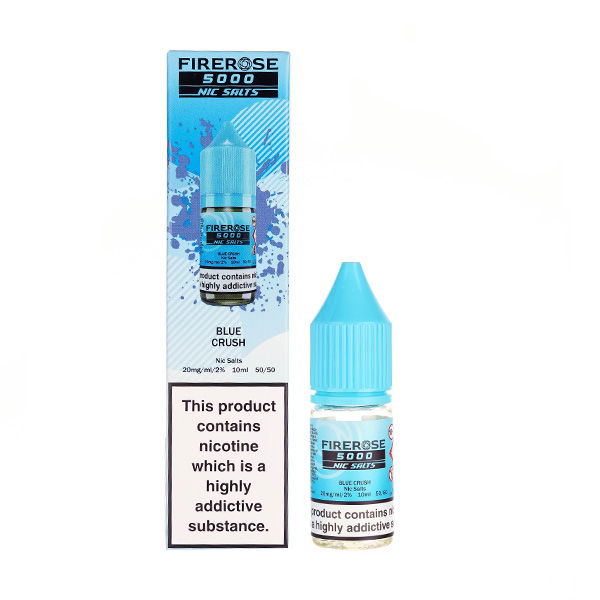 Elux Firerose5000 Blue Crush E-liquid bottle with blue cap and warning label about nicotine addiction.
