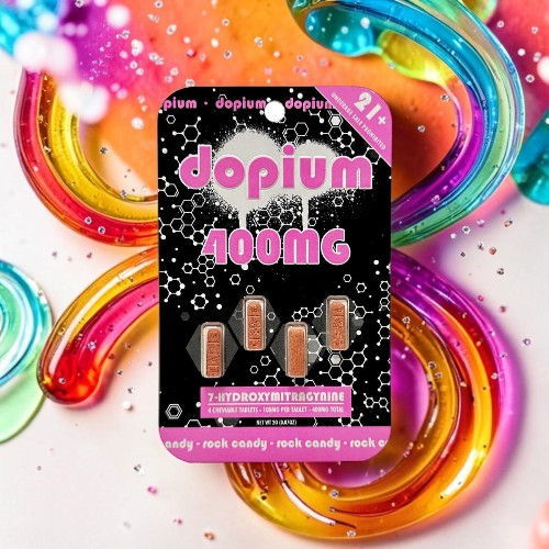 Dopium 400mg packaging with colorful swirls in the background.