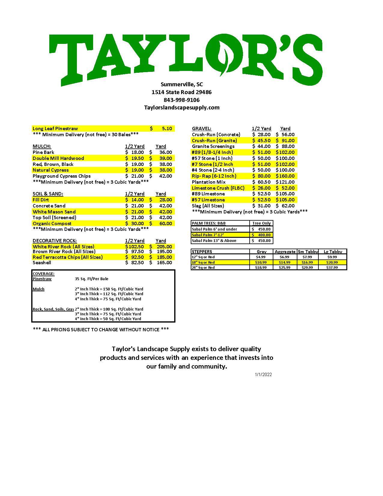 List Taylors Landscape Supply, Taylor S Landscape Supply Lexington Sc