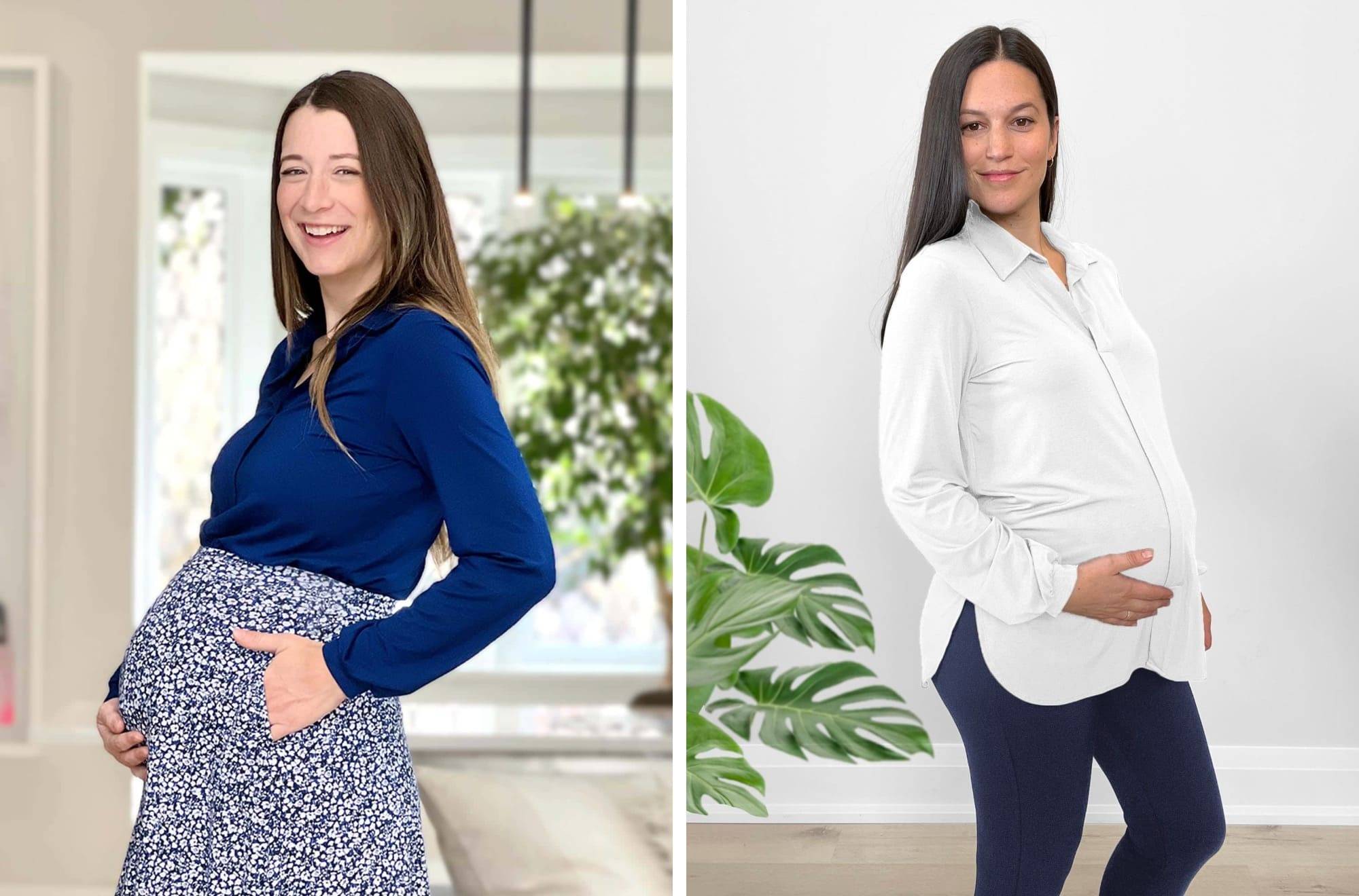 Side by side image of pregnant women wearing Miik's Lucia collared shirt.