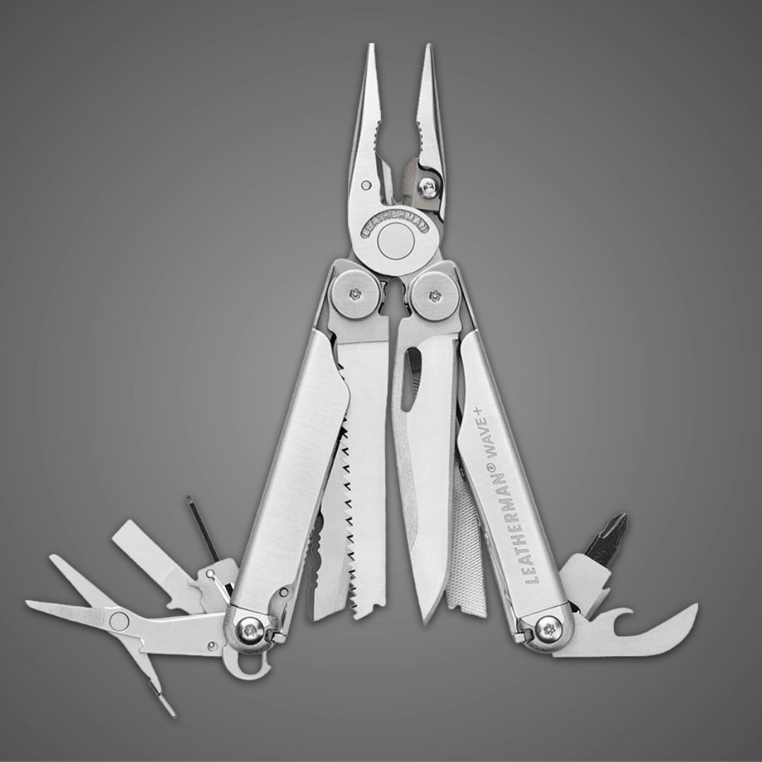 A multi-tool with pliers, knife, scissors, and various other tools displayed.