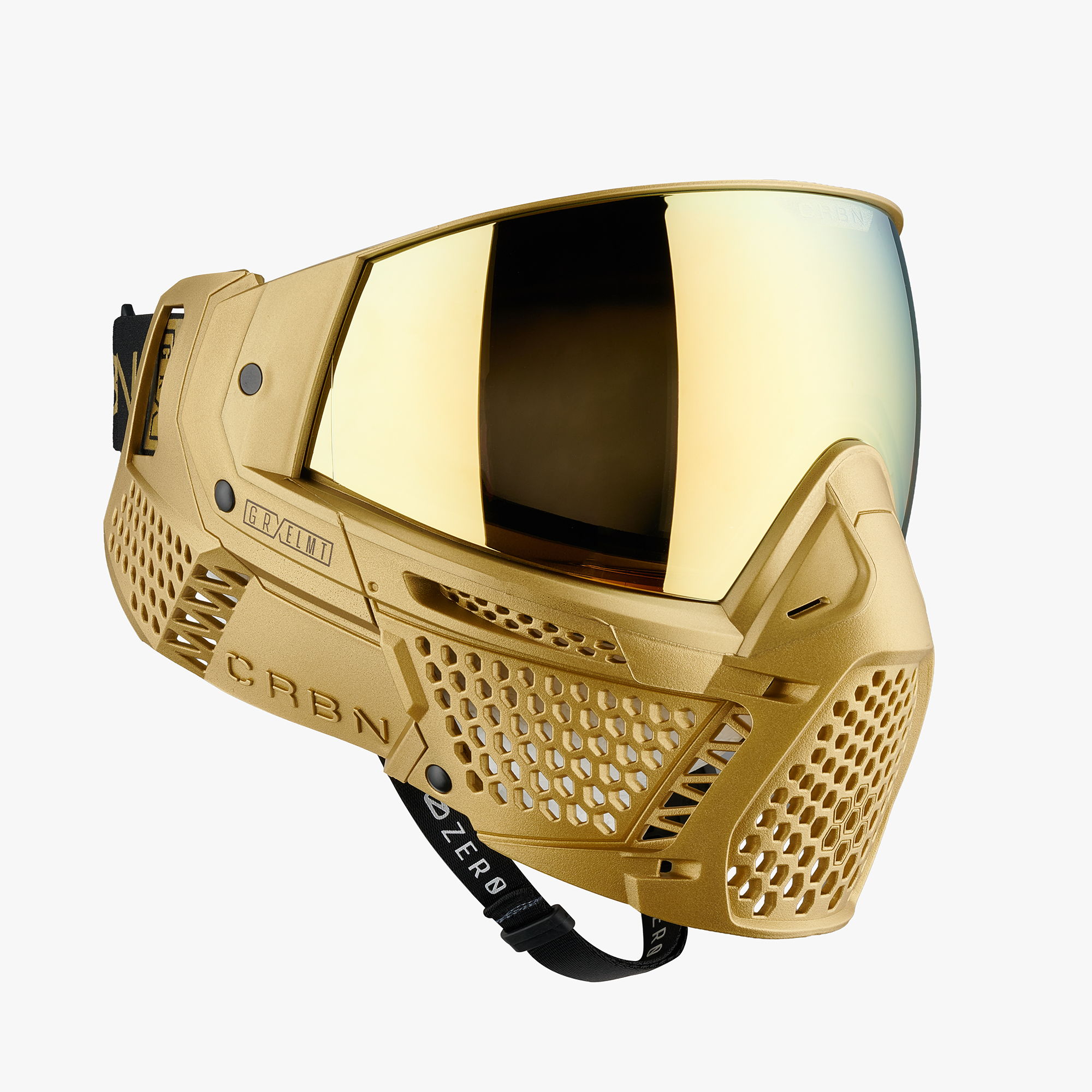 Gold paintball mask with mirrored lenses and ventilation design.