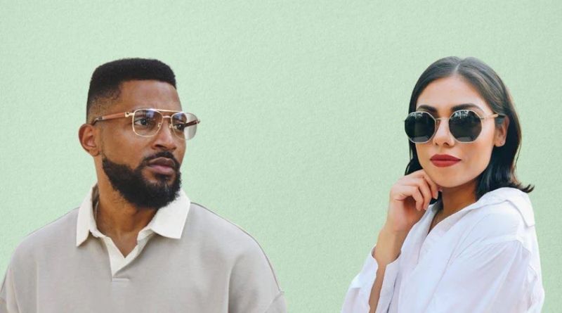 man and women with different face shapes wearing Kraywoods eyewear on a green background