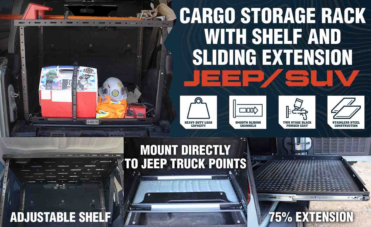 Cargo storage rack with shelf and sliding extension for Jeep/SUV.