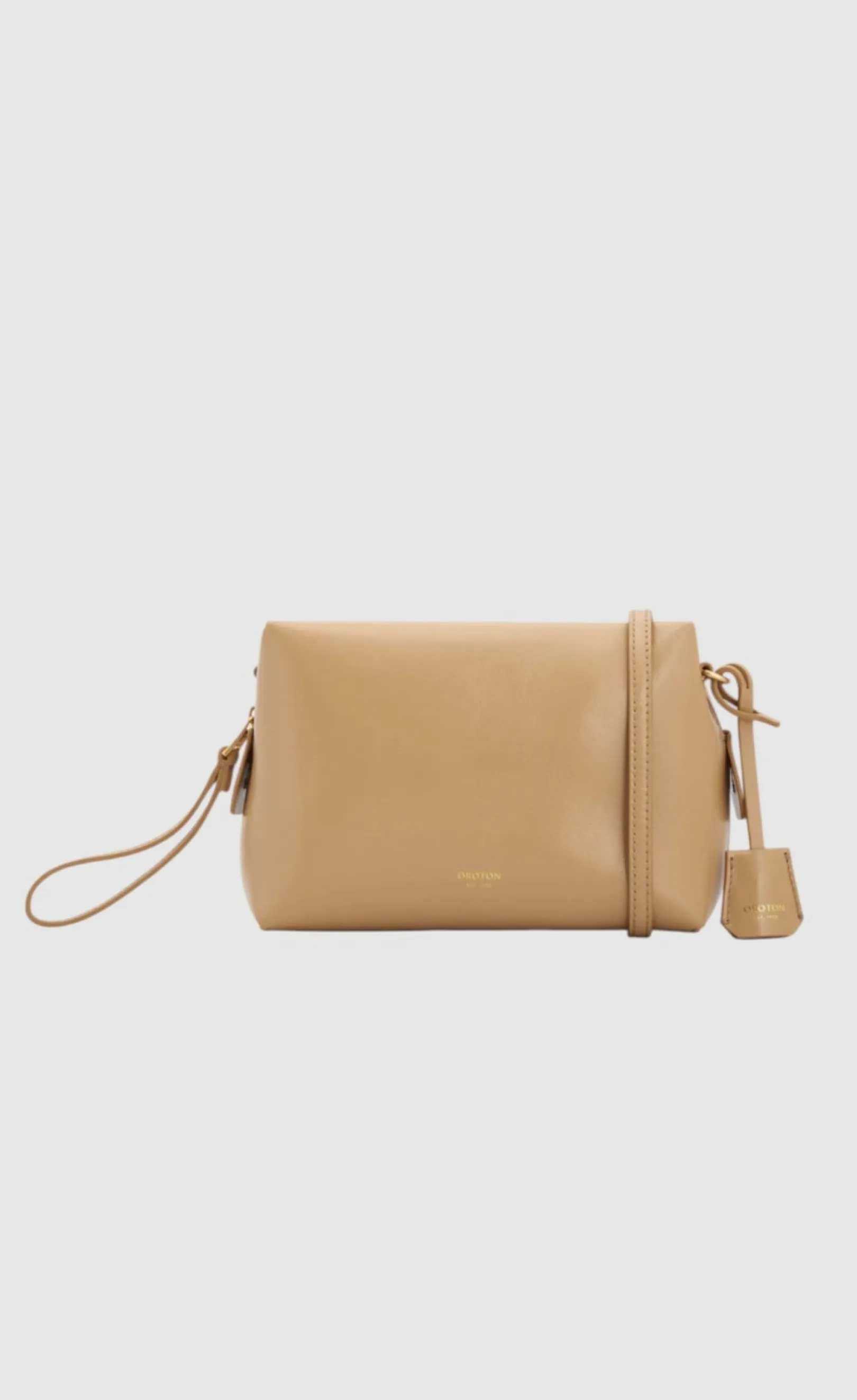 Tan leather handbag with a strap and a small lock.