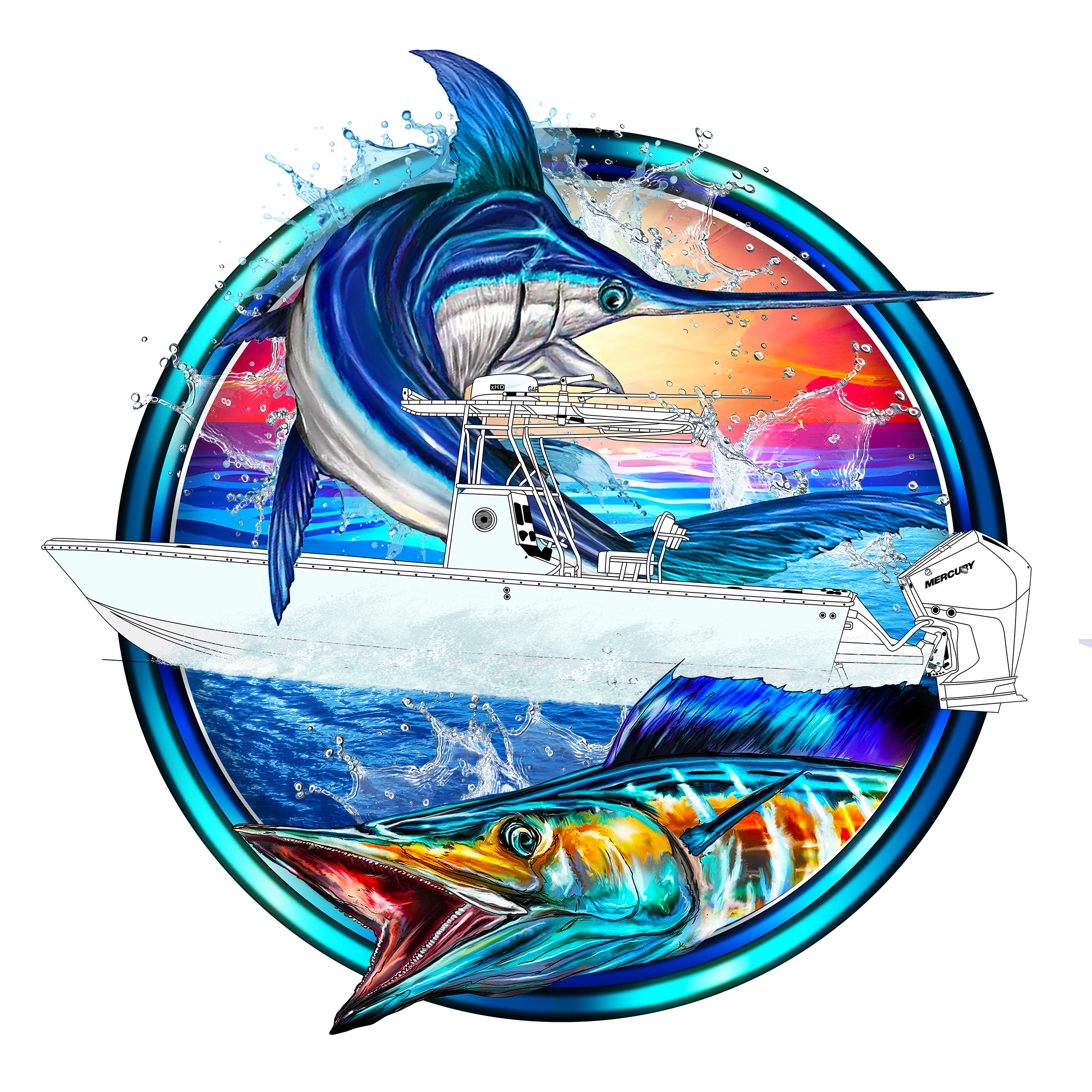 fishing performance shirt design featuring center console boat marlin and wahoo