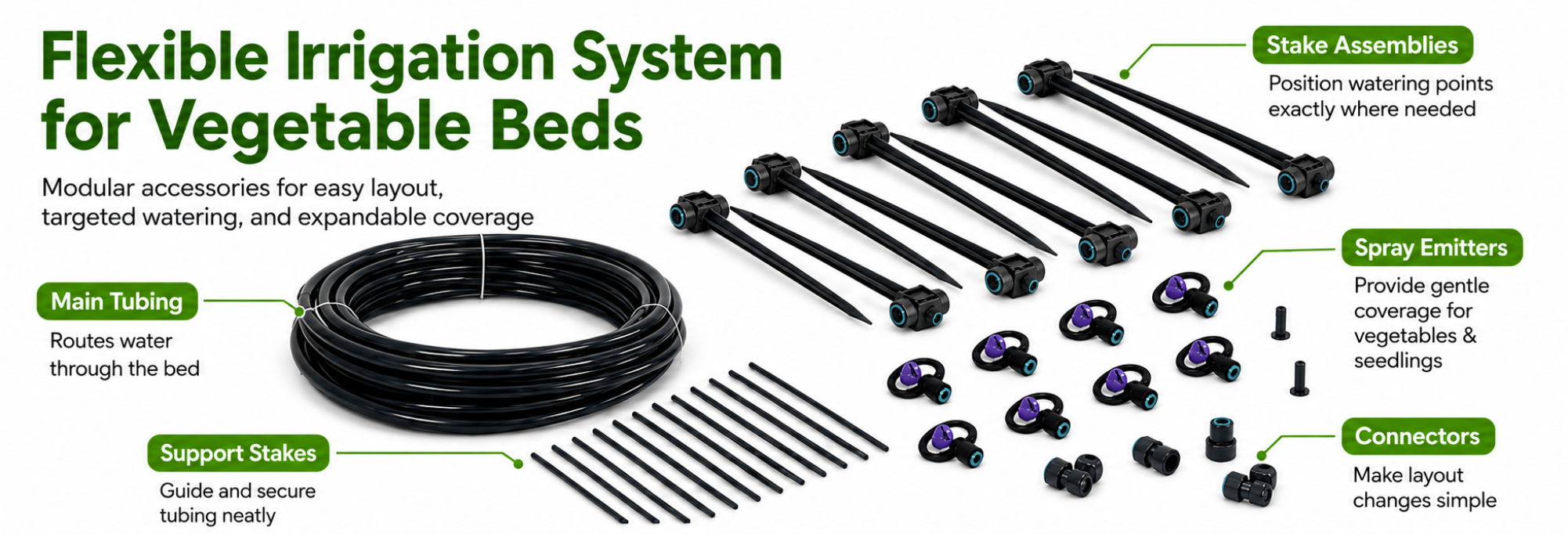 Flexible irrigation system components for vegetable beds, including hoses and connectors.