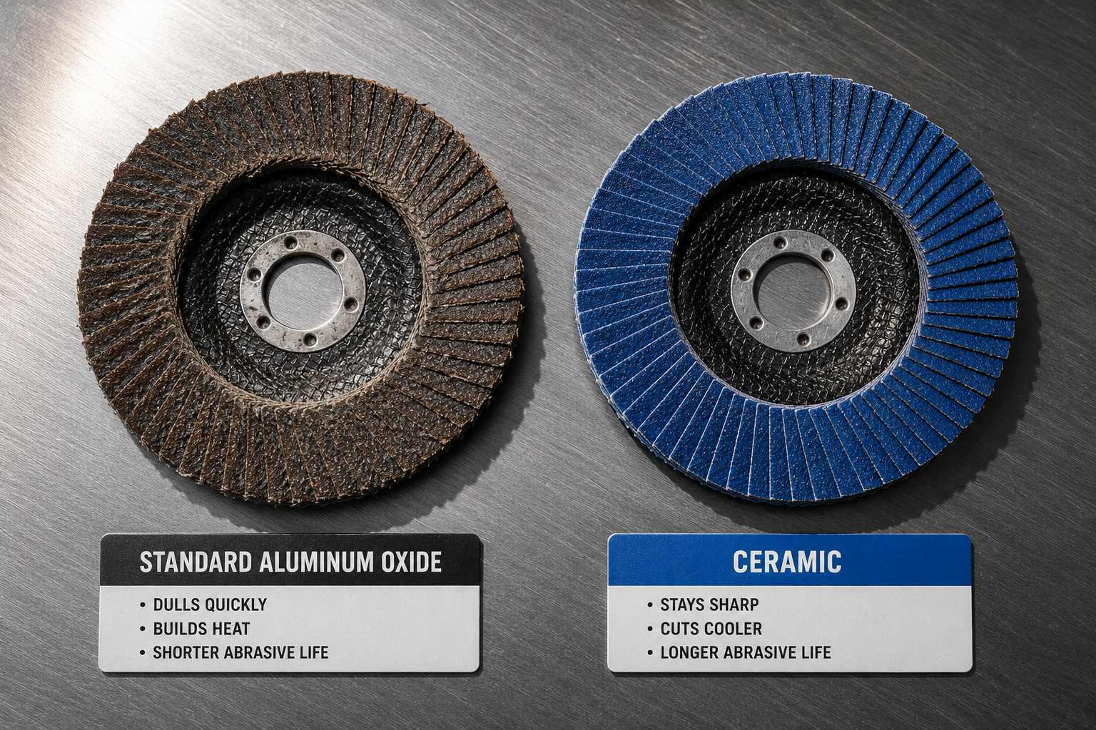 Ceramic flap disc compared with standard aluminum oxide abrasive disc