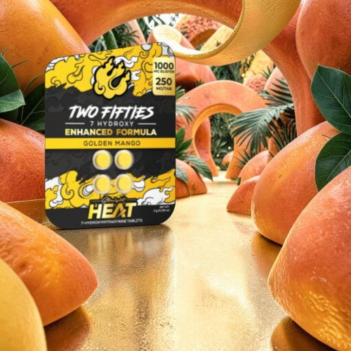 Product package among orange fruits with vibrant background.