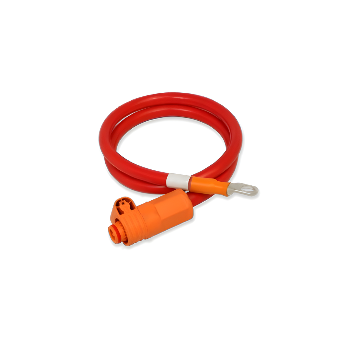 Red hose with an orange connector, coiled on a white background.