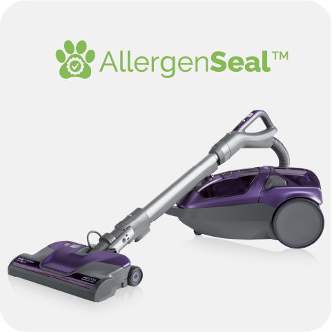 A purple vacuum cleaner with the AllergensSeal logo above it.
