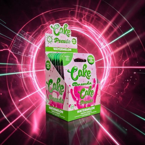 Colorful packaging for Cake Pops with a watermelon flavor on a vibrant background.