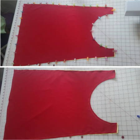 Pin the front and back pieces together, right sides facing. I used Madam Sew sewing clips. Then sew around the outside edges of the cape using a ½” seam allowance. Leave a 3-inch opening at the bottom so you can turn the cape right side out.