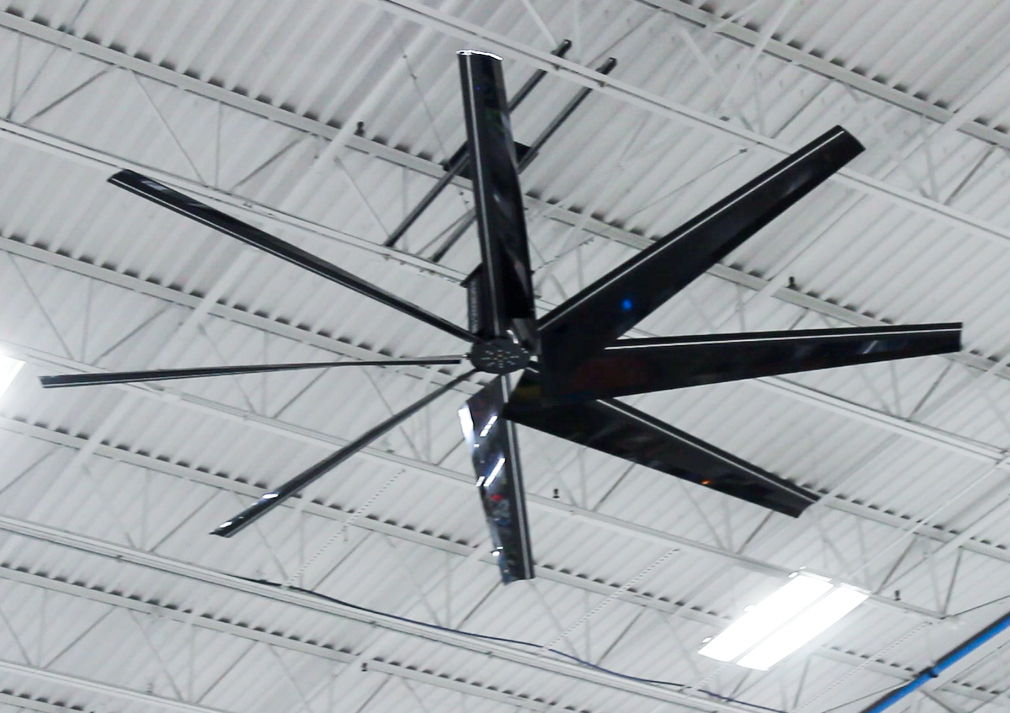 Large black ceiling fan with multiple blades hanging from a white ceiling.