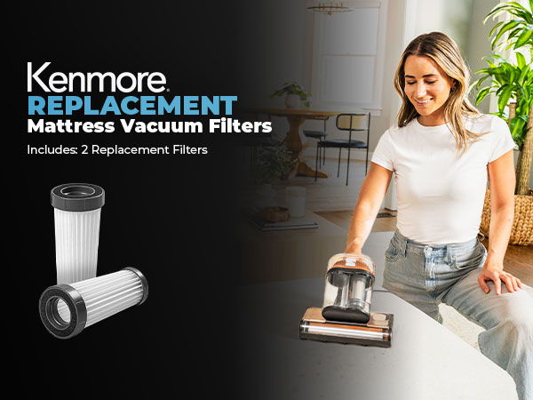 A woman uses a vacuum to clean fabric. Two filters on black background to the left.