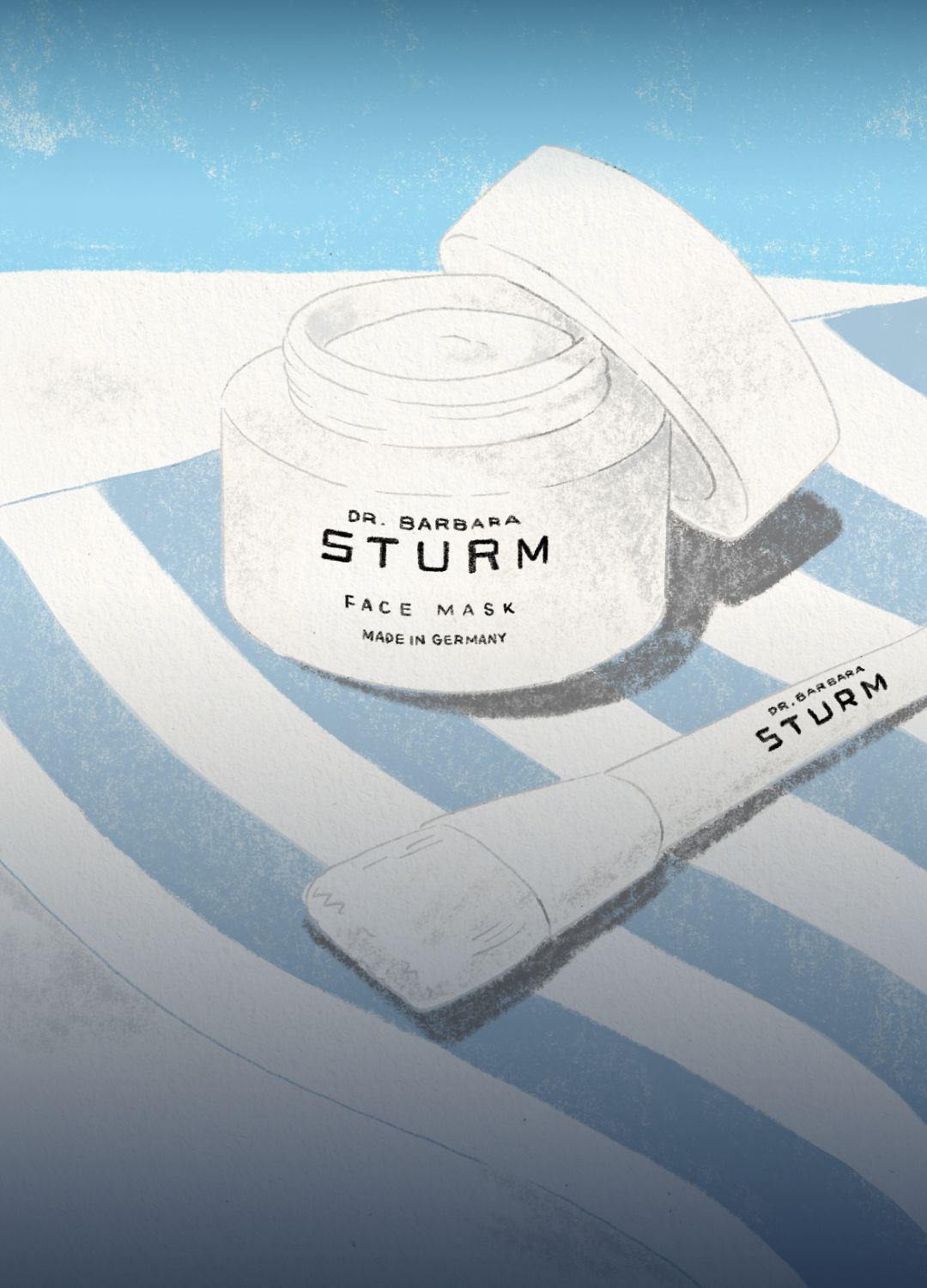 A jar of Dr. Barbara Sturm face mask with a brush on a striped background.
