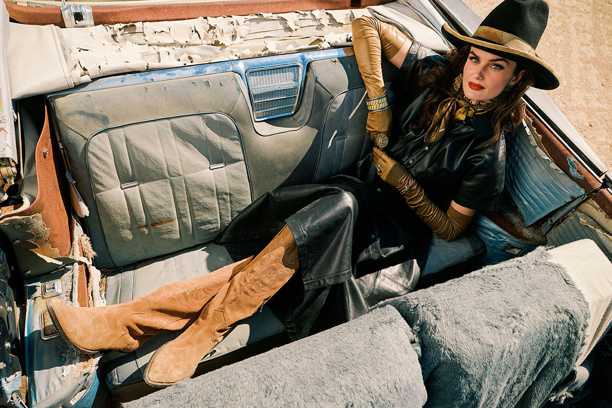 Kaylin wearing the Electra Dress with the Long Tall Sally Boot and Double D Ranch jewelry and accessories.