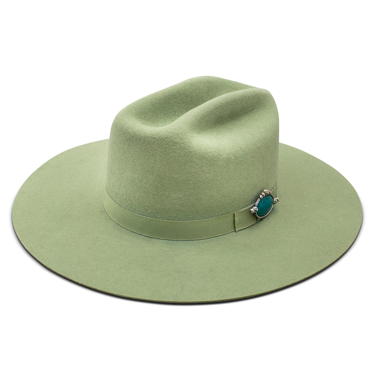 A green felt hat with a decorative band and turquoise embellishment.