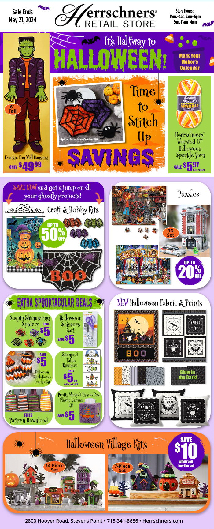 Current Retail Store Specials: Anniversary Sale May 8-14. Enter to win 125 lbs of Crafts through May 31, 2024. Image: Featured sale items and Craft prize.