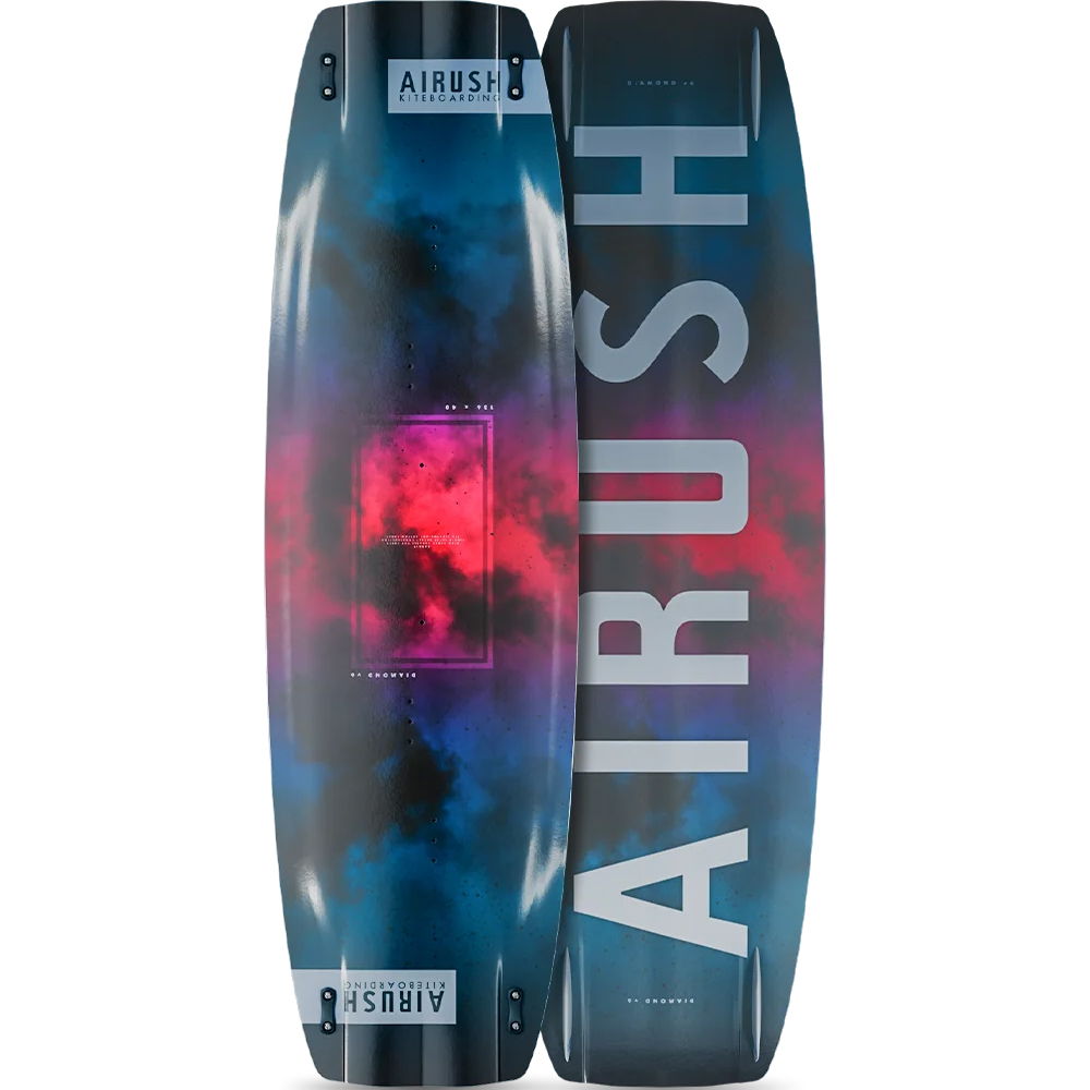 Une planche de kitesurf bleue et rose sur laquelle est inscrit « AIRUSH ».