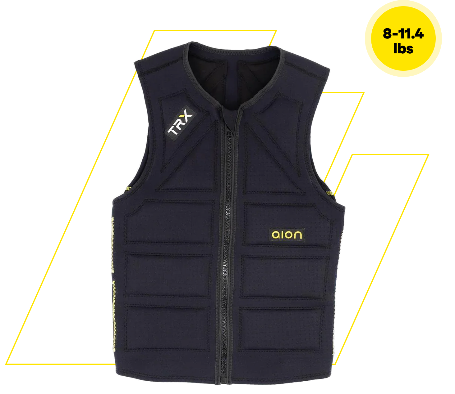 Black weighted vest with adjustable weights, featuring a front zipper.