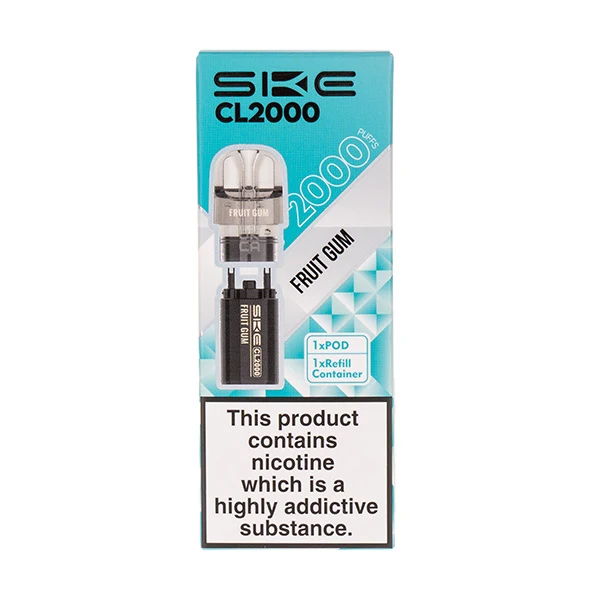 SKE CL2000 vape product packaging with warning label about nicotine.