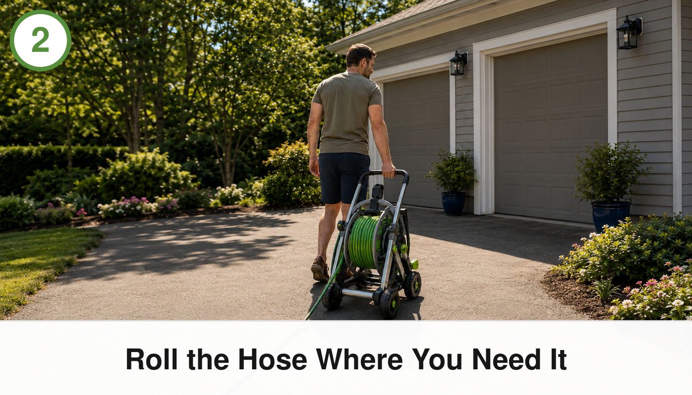 Person rolling a hose cart towards a house in a garden setting.